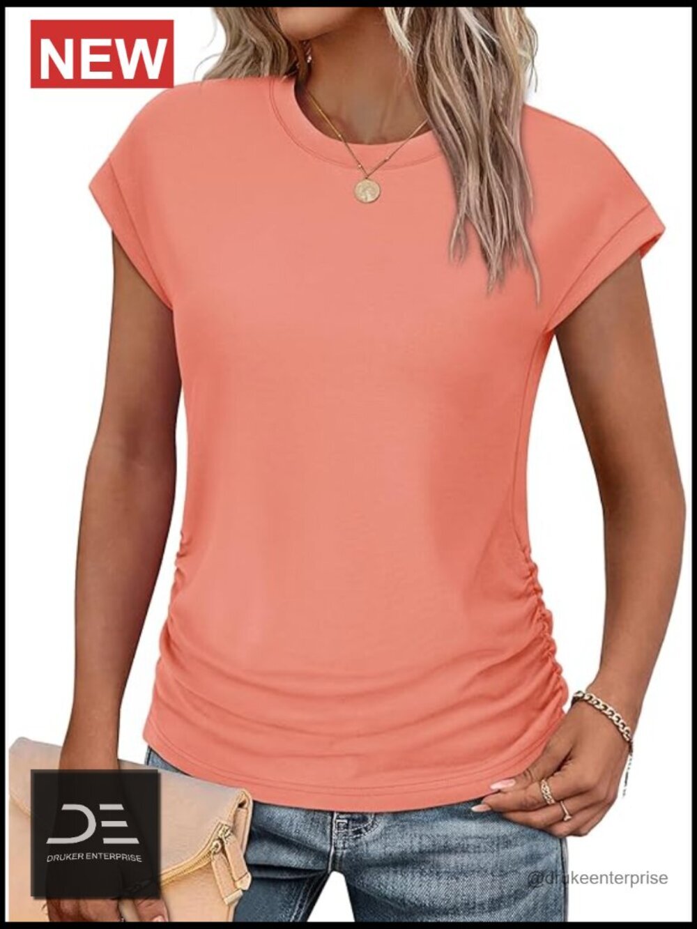 Ruched Cap Sleeve T-Shirt Summer Top Soft Stretchy Crew Neck